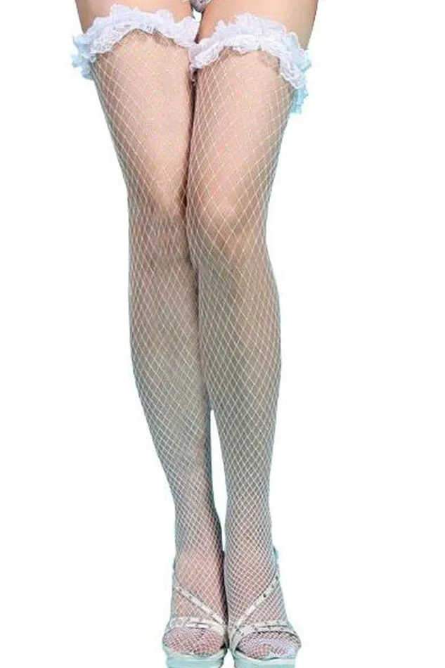 White Frill Top Thigh High Fishnet Stockings Extasy Vibrators