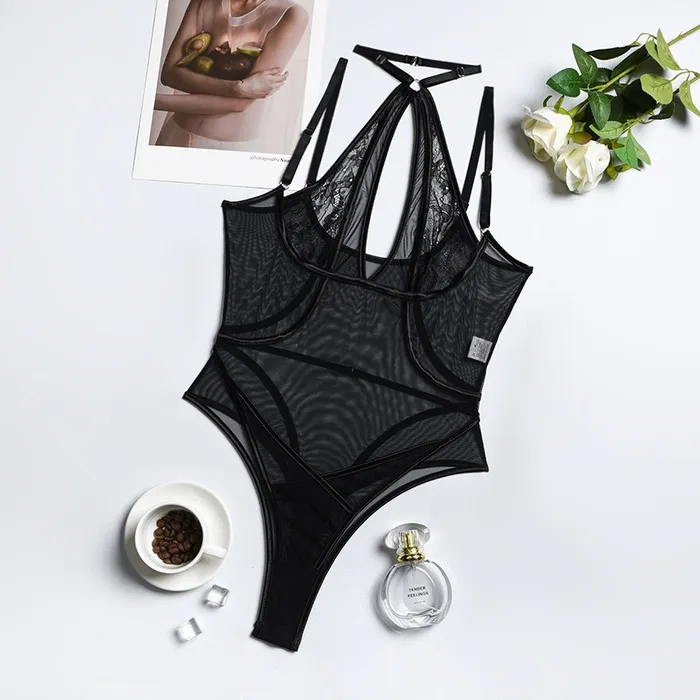 Bodystockings Playsuits EVEs SECRETS Seductive Black Mesh Bodysuit with Halter Neck and Shoulder Straps Womens Sexy Outfits