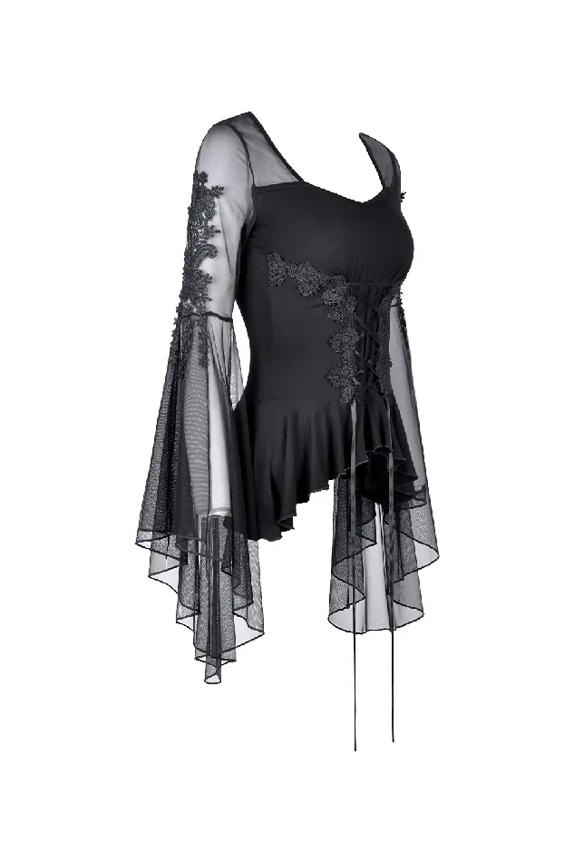 Couples EVEs SECRETS Chic Laceup Ruffled Top with Sheer Long Sleeves