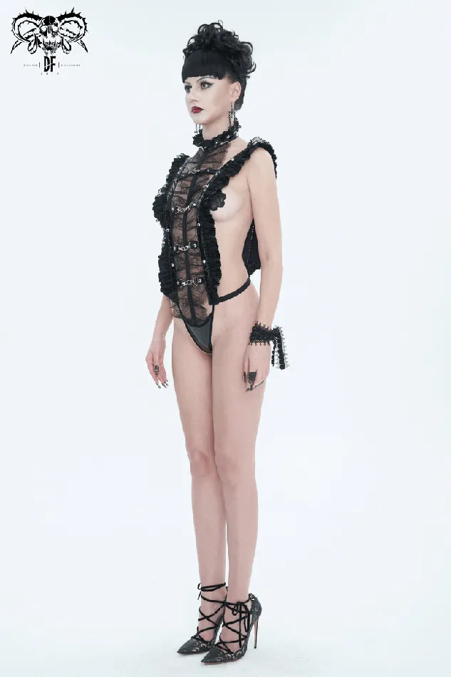 Teddies And Bodies EVEs SECRETS Gothic Ruffled Lace Lingerie Bodysuit With Stand Collar