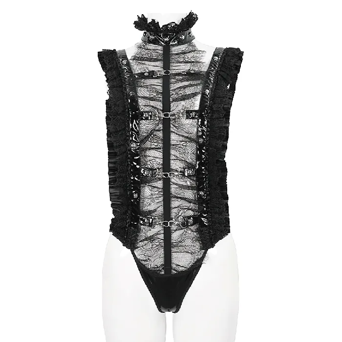Teddies And Bodies EVEs SECRETS Gothic Ruffled Lace Lingerie Bodysuit With Stand Collar