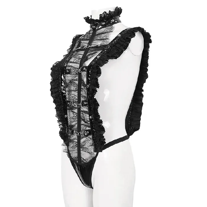 Teddies And Bodies EVEs SECRETS Gothic Ruffled Lace Lingerie Bodysuit With Stand Collar