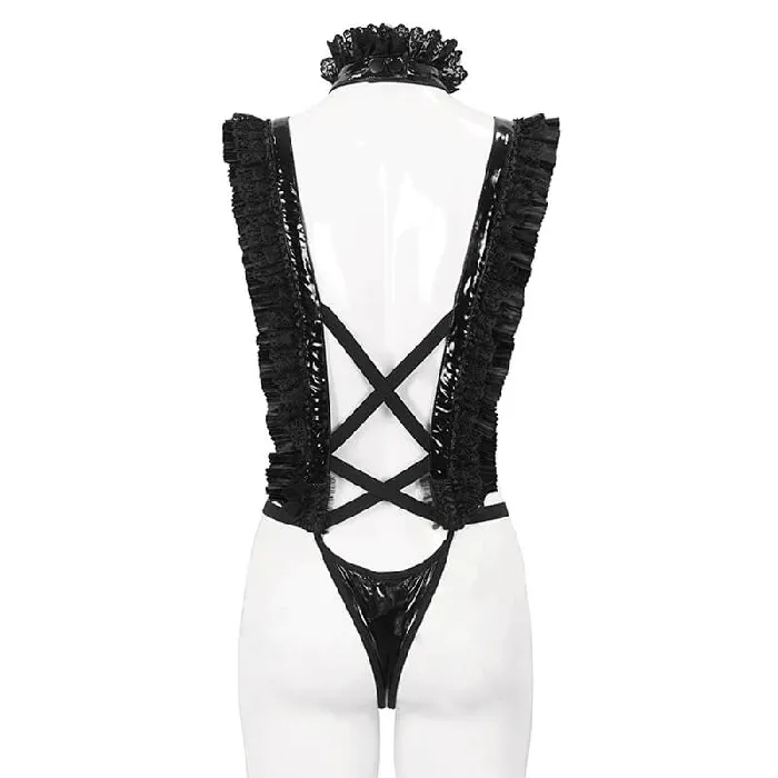 Teddies And Bodies EVEs SECRETS Gothic Ruffled Lace Lingerie Bodysuit With Stand Collar